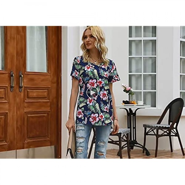 SAMPEEL Women's Basic V Neck Short Sleeve Floral T Shirts Summer Casual Tops