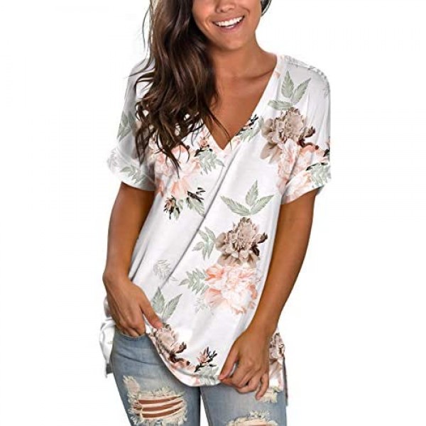 SAMPEEL Womens Floral Tops Short Sleeve V Neck Tee T Shirt Printed Side Split Tunic
