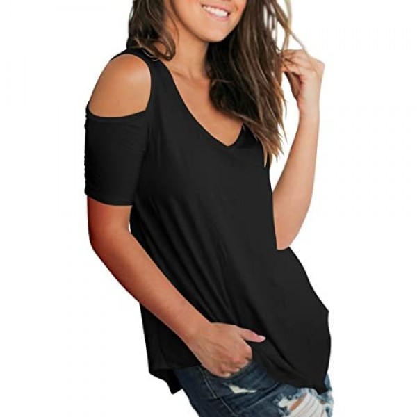 SLIMMING GRIL Women's Casual T Shirt V Neck Cold Shoulder Tops Short Sleeve Tshirt …
