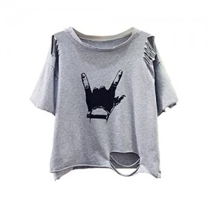 SweatyRocks Women's Short Sleeve T Shirt Graphic Print Distressed Crop Top
