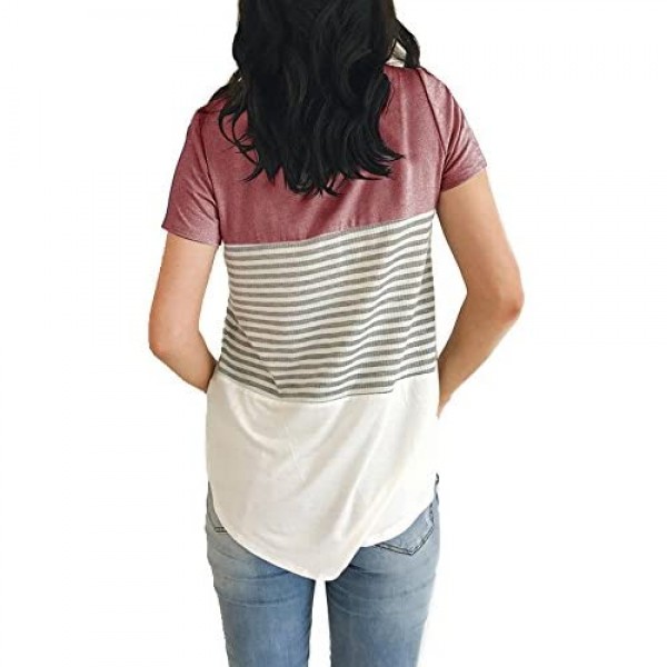 Vemvan Womens Long Sleeve Short Sleeve Round Neck T Shirts Color Block Striped Causal Blouses Tops