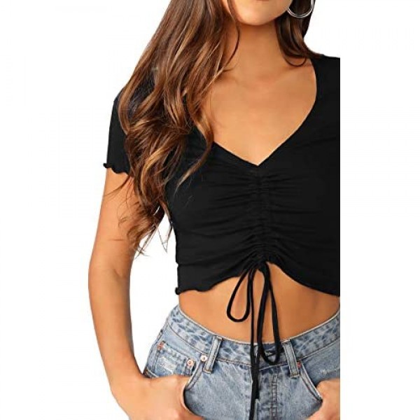 Verdusa Women's Ruched Drawstring Front V Neck Crop Tee Top