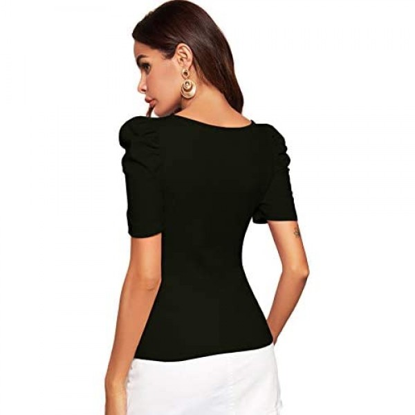 WDIRARA Women's Elegant Puff Short Sleeve Knit Summer Square Neck T-Shirt Tops