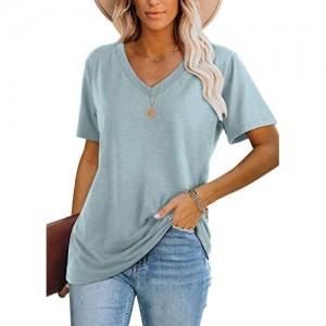 WIHOLL Womens T Shirts Short Sleeve V Neck Plain Summer Tops