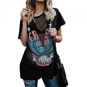 Womens Short Sleeve Graphic Tees Distressed Hawk Print Mesh V Neck Loose Sexy T-Shirt Tops Blouse