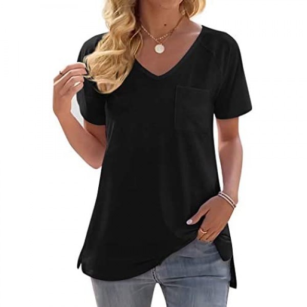 Womens Tshirts V Neck Loose Fitting Summer Tops with Pocket