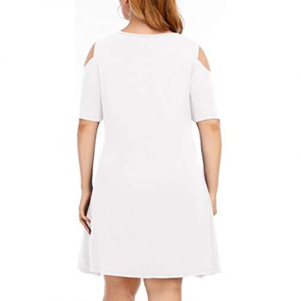 Aksbgg Womens Plus Size Short Sleeve Mini Dress Cold Shoulder T-Shirt Swing Tunic Dress