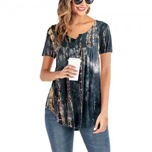 AMCLOS Womens Tie-Dye Tops V Neck Soft T-Shirts Flowy Pleats Tunic Button up Casual Blouses Summer Short Sleeve