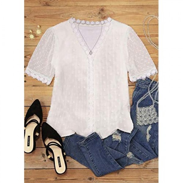 Asvivid Womens Lace Crochet V Neck Blouse Casual Short Sleeve Tunic Shirts Tops