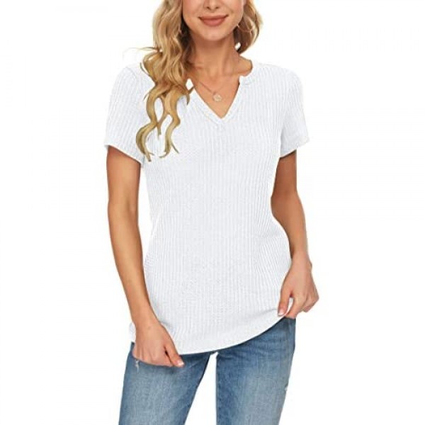 AUSELILY Women's Summer Waffle Knit Short Sleeve Tunic Tops V Neck Henley Loose Blouses Shirts