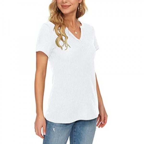 AUSELILY Women's Summer Waffle Knit Short Sleeve Tunic Tops V Neck Henley Loose Blouses Shirts