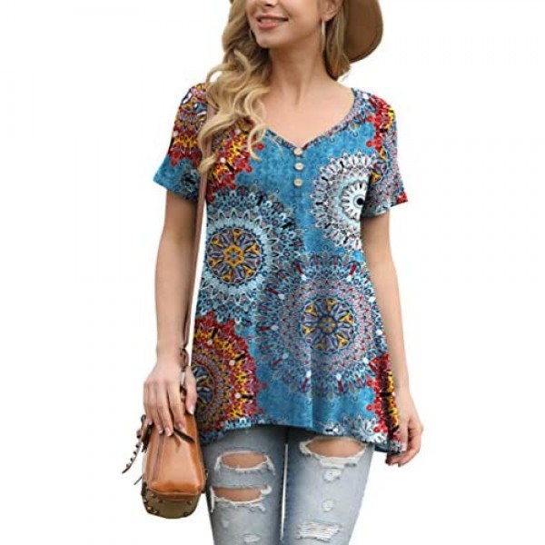 AWULIFFAN Womens Summer Short Sleeve Tunic Tops Loose Fit Casual T-Shirt Button Up Blouses