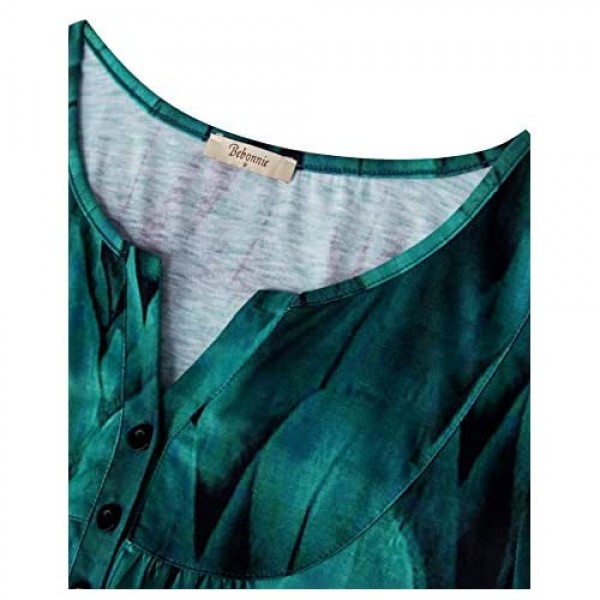 Bebonnie Women's Vintage Short Sleeve V Neck Pleated Tunic Shirt