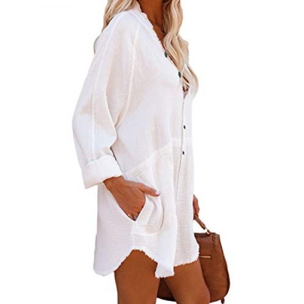 Button Down Tunic for Women Long Sleeve V Neck Blouse Shirt with Frayed Trim Relaxed Fit