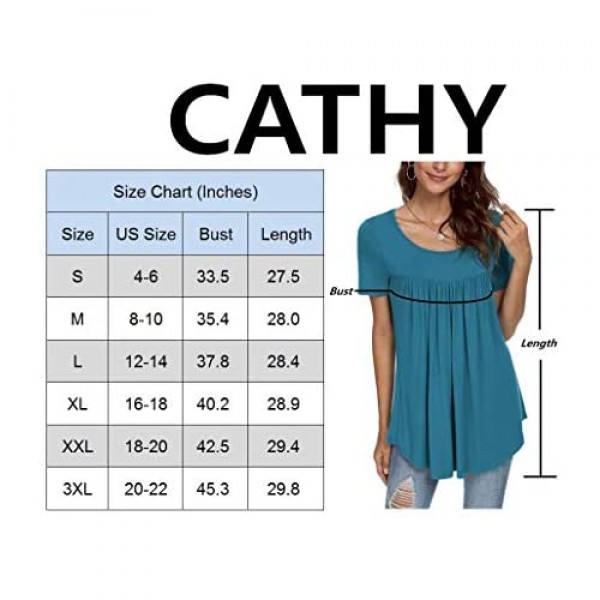 CATHY Women's Summer Short Sleeve Pleated Blouse Loose Flowy Tunic Top for Leggings