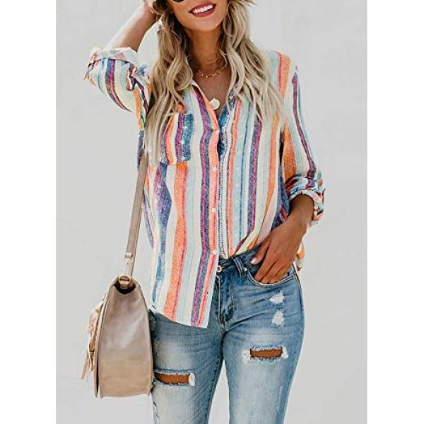 Chase Secret Womens V Neck Roll up Sleeve Striped Button Down Tunic Blouses Shirts Tops with Pockets