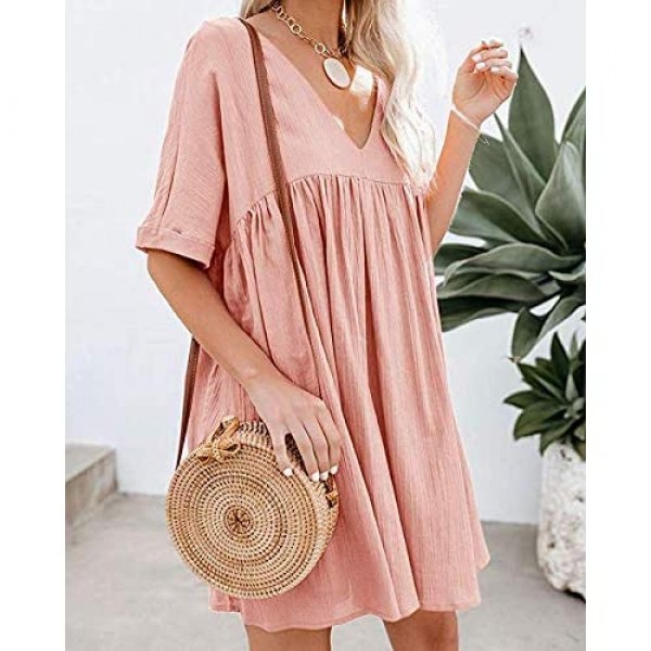 Chvity Women's Casual Short Sleeve Loose Swing Dress V Neck Solid Pleated Babydoll Tunic