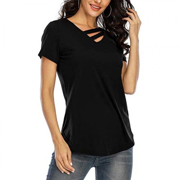 Davenil Women's Long/Short Sleeve Tops V-Neck Shirts Loose Tunic Tops Irregular Hem Casual T-Shirt