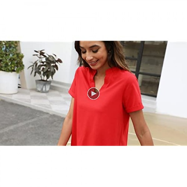 Davenil Women's Short Sleeve V-Neck Tops Loose Tunic Blouses Casual Rolled Sleeve Shirts