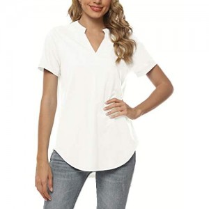 Davenil Women's Short Sleeve V-Neck Tops Loose Tunic Blouses Casual Rolled Sleeve Shirts