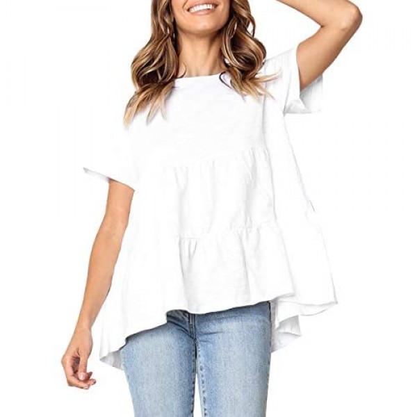Defal Women's Summer Short Sleeve Loose T Shirt High Low Hem Babydoll Peplum Tops