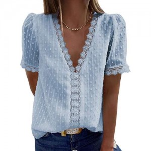 FARYSAYS Womens Summer Tops Lace Shirts Blouses Vintage Elegant V Neck Short Sleeve Tunic