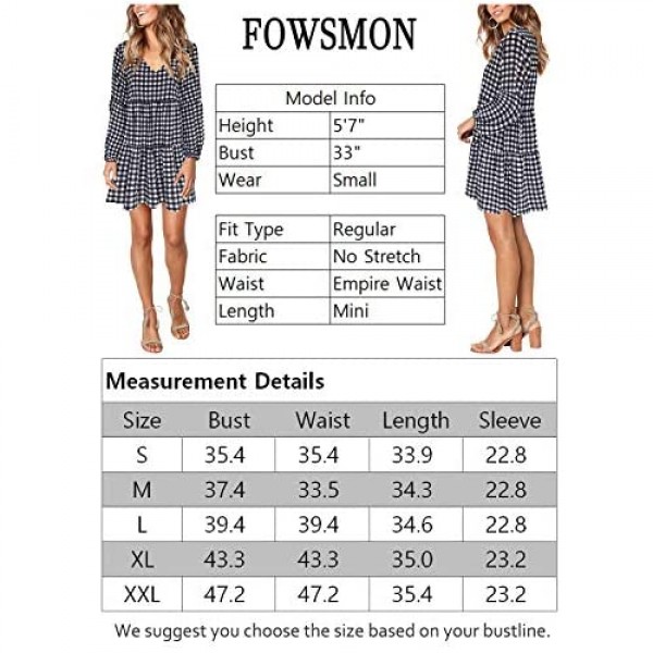 FOWSMON Women's Tunic Dress Cute Printed V Neck Long Sleeve Casual Swing Ruffle Dress