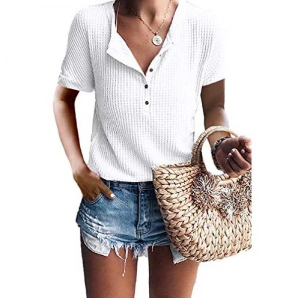 Glanzition Womens Tops Short Sleeve V Neck Button Up Loose Waffle Knit Tunic Henley Shirts