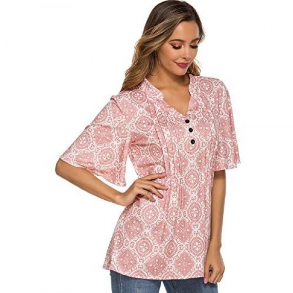 HOCOSIT Women's Floral Print Short Ruffle Sleeve Pleated Front V Neck Button Tunic Tops