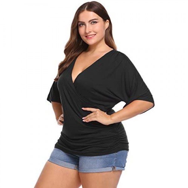 IN'VOLAND Womens Plus Size Tops V Neck Wrap Short Sleeve Shirts Casual Loose Dolman Top Tunic Blouses