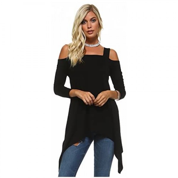 Isaac Live Women’s Tunic Top – Casual Wide Strap Cutout Cold Shoulder 3/4 Sleeves Flowy Blouse Tee T Shirt Made in USA