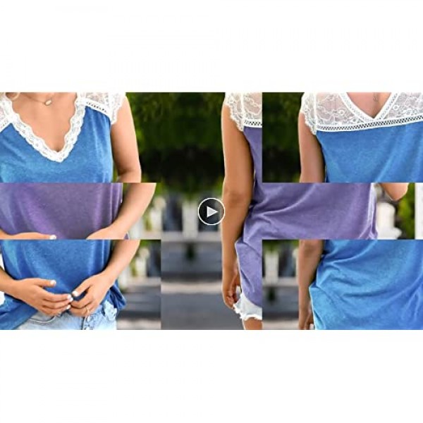 Kinlonsair Women's Crochet Lace Basic V-Neck T-Shirts Short Sleeve Loose Fitting Tunic Tank Tops