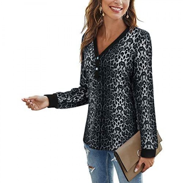 LAISHEN Women's Leopard Print V-Neck Button Camo Causal Long Sleeve Tops Henley Blouse Loose T Shirt