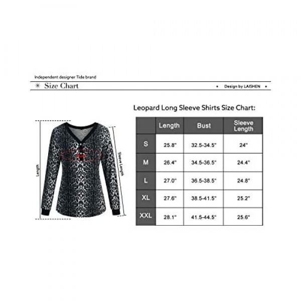 LAISHEN Women's Leopard Print V-Neck Button Camo Causal Long Sleeve Tops Henley Blouse Loose T Shirt