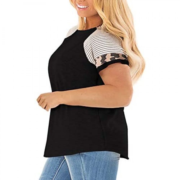 LANREMON Womens Plus Size Leopard Tunic Tops Loose Crewneck Striped Tunic Short Sleeve Color Block T Shirt Blouse