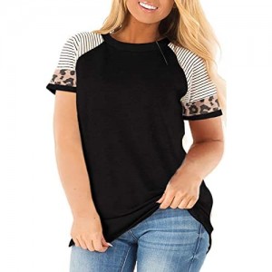 LANREMON Womens Plus Size Leopard Tunic Tops Loose Crewneck Striped Tunic Short Sleeve Color Block T Shirt Blouse