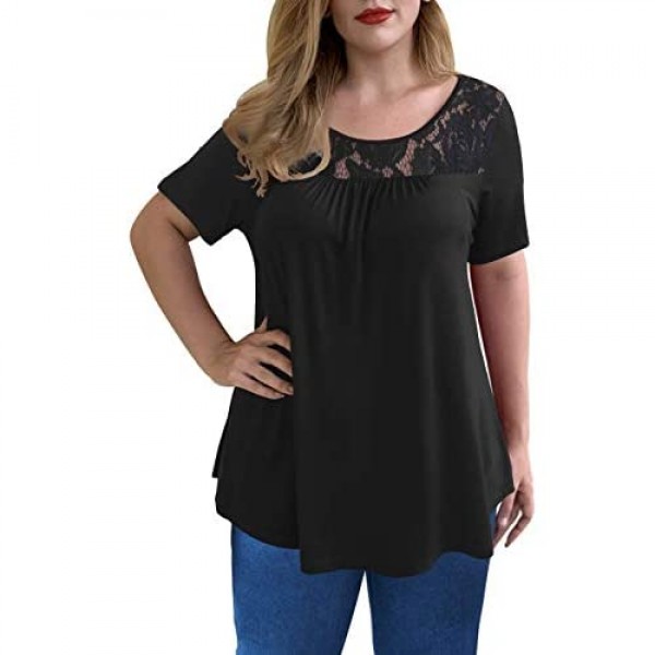 LETDIOSTO Women's Plus Size Short Sleeve Lace Pleated Shirts Summer Blouses Tunic Tops M-4XL