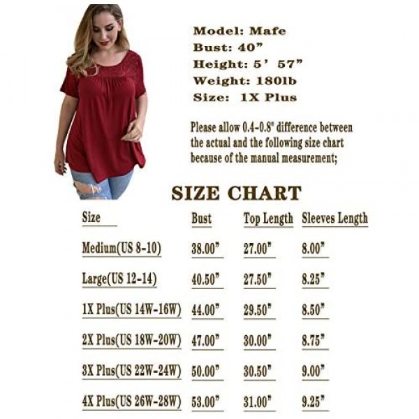LETDIOSTO Women's Plus Size Short Sleeve Lace Pleated Shirts Summer Blouses Tunic Tops M-4XL