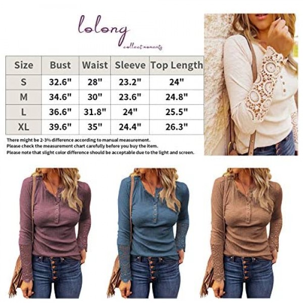 LOLONG Womens Henley V Neck T-Shirt Long Sleeve Lace Button Down Blouse Ribbed Slim-Fit Top