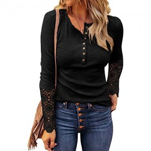 LOLONG Womens Henley V Neck T-Shirt Long Sleeve Lace Button Down Blouse Ribbed Slim-Fit Top