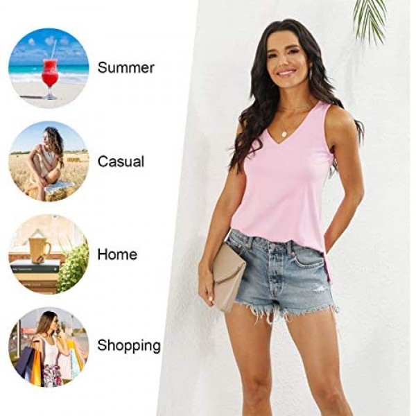 LONGYUAN Women's Summer Sleeveless Tanks Vneck Casual Tshirt Side Split Cotton Tops Comfy Loose Fitting Blouse