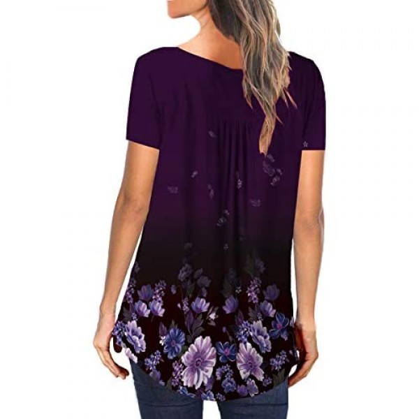 MAYAMANG Women's Floral Tunic Tops Casual Blouse V Neck Short Sleeve Buttons Up T-Shirts