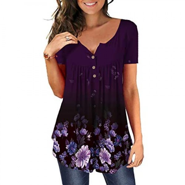 MAYAMANG Women's Floral Tunic Tops Casual Blouse V Neck Short Sleeve Buttons Up T-Shirts