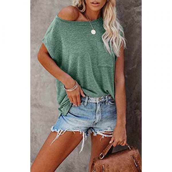 MIROL Women's Short Sleeve Tunic Tops Basic Loose T Shirts Solid Color Batwing Sleeve Casual Tee with Pocket
