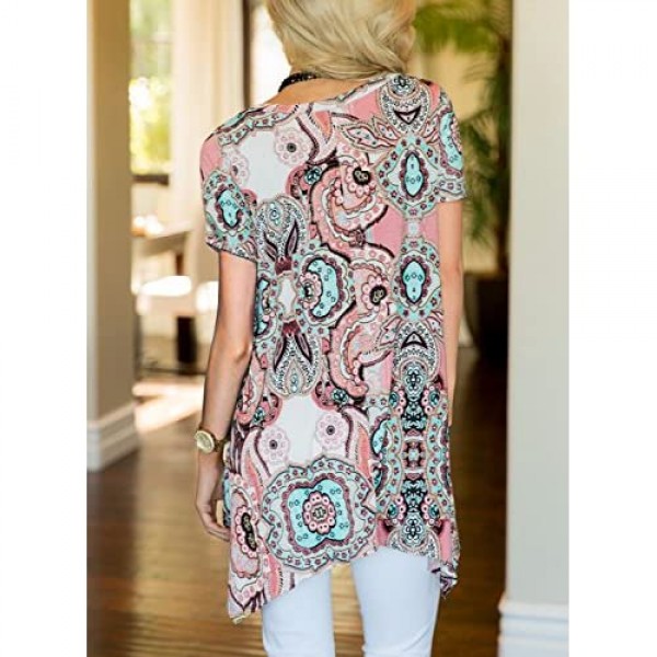 MIROL Womens Summer Short Sleeve Floral Print Irregular Hem Asymmetrical Loose Fit Tunic Tops