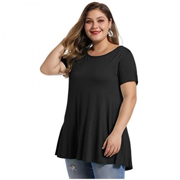 MONNURO Womens Short Sleeve Casual Loose Fit Flare Swing Tunic Tops Basic T-Shirt Plus Size