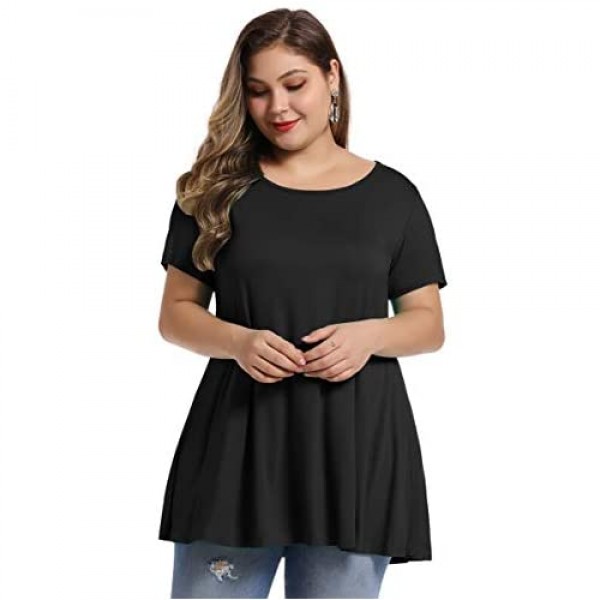MONNURO Womens Short Sleeve Casual Loose Fit Flare Swing Tunic Tops Basic T-Shirt Plus Size