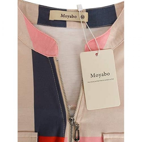 Moyabo Women's 3/4 Cuffed Sleeve Zipped V Neck Plaid Tunic Shirt Blouses