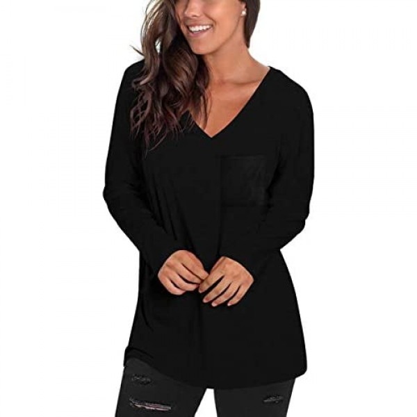NSQTBA Womens Long Sleeve V Neck Tunic Tops Loose Casual Shirts with Pocket