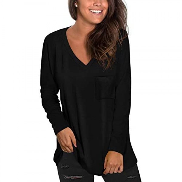 NSQTBA Womens Long Sleeve V Neck Tunic Tops Loose Casual Shirts with Pocket